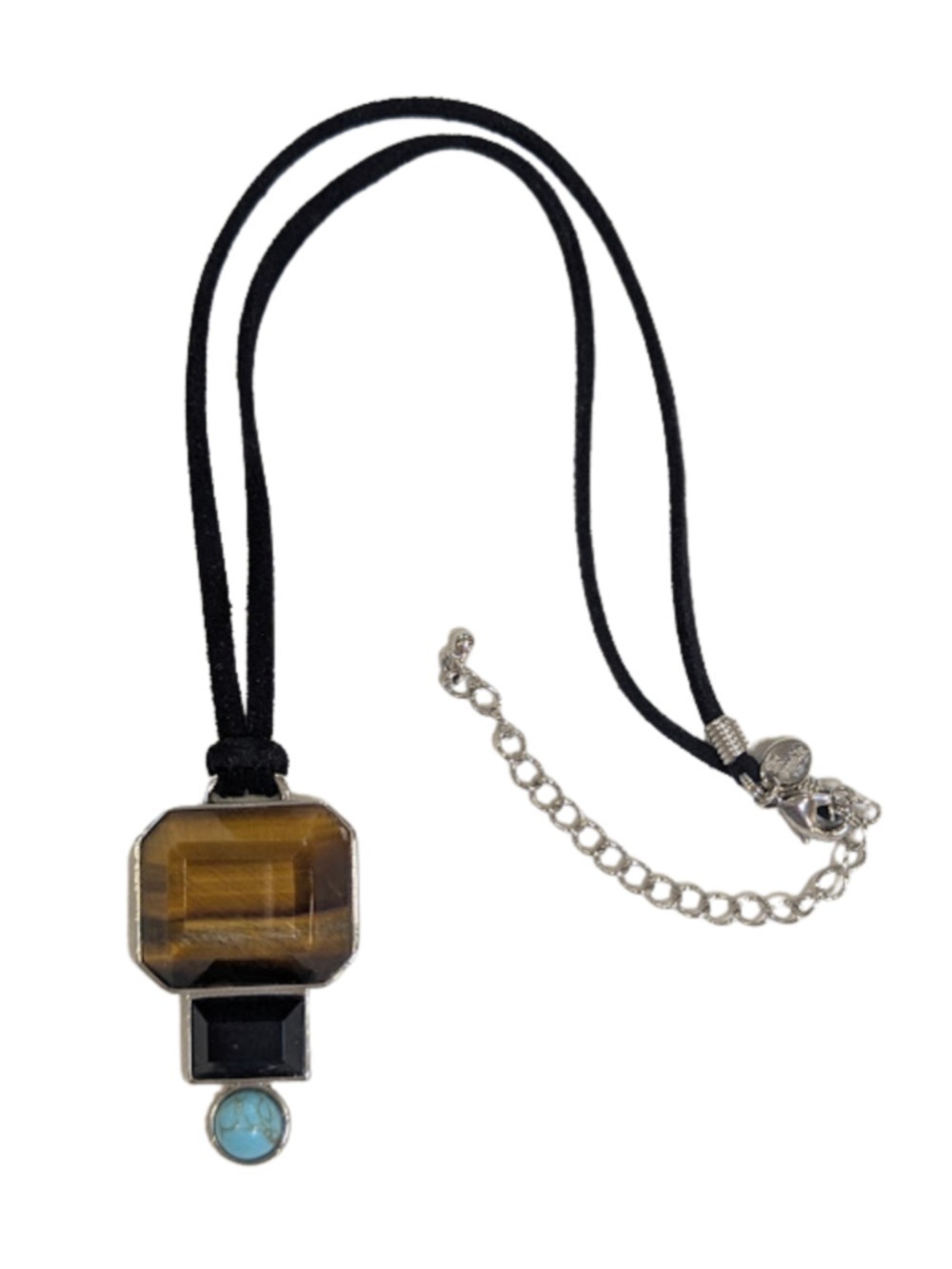 Lia Sophia Geometric Pendant Necklace Faux Suede Cord Tiger Eye Look Turquoise